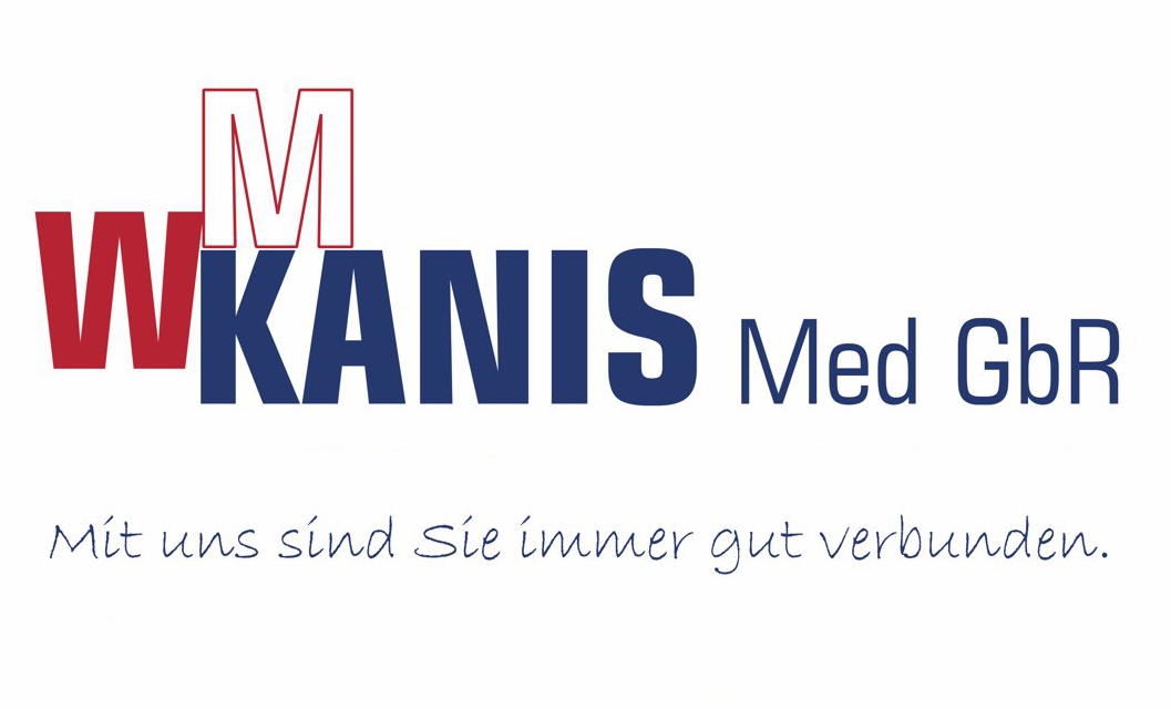 Fimenlogo bestehend aus roten Großbuchstaben W M und dem Schrfitzug Kanis Med GbR in Blau. Darunter der Satz: Mit uns sind Sie immer gut verbunden.