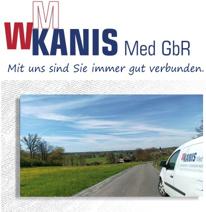 Fahrzeug mit Firmenaufschrift steht vor malerischer Frühlingslandschaft. Darüber das Firmenlogo.