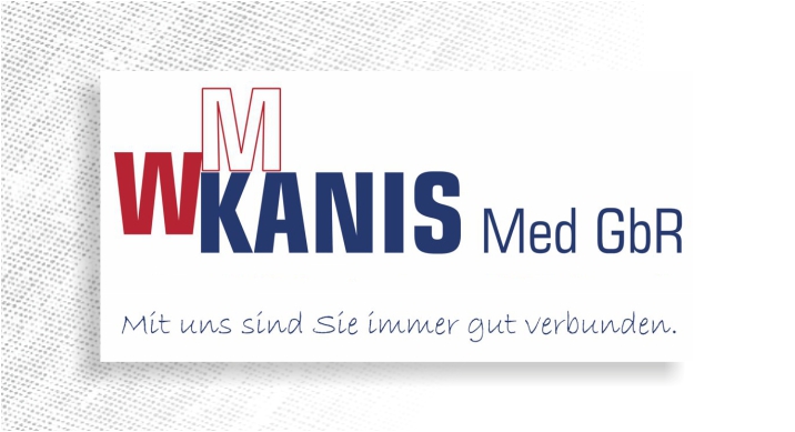 Fimenlogo bestehend aus roten Großbuchstaben W M und dem Schrfitzug Kanis Med GbR in Blau. Darunter der Satz: Mit uns sind Sie immer gut verbunden.